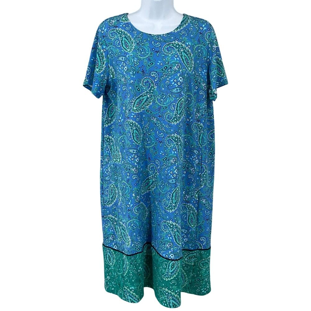 J. Jill Wearever Dress Womens Medium Tall Blue Paisley Short Sleeve Pockets Boho